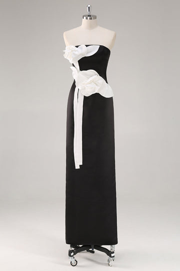 Robe d’invitée de mariage sans bretelles fourreau noir avec fleurs 3D